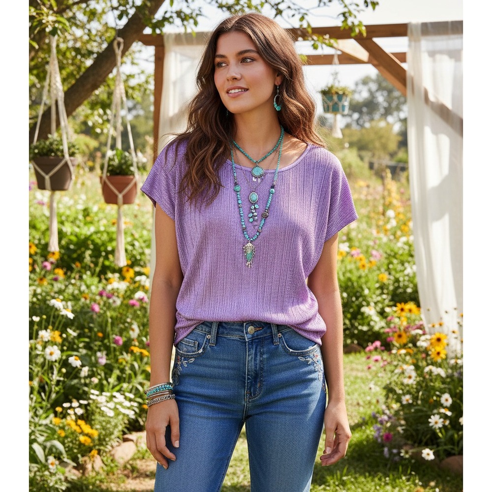 Tanjay M Top Purple Textured Stretch Dolman Cottage Coquette Office Siren‎
